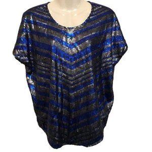 Worthington Royal Blue T Shirt Silver Sequin Striped Short Sleeve Size Large